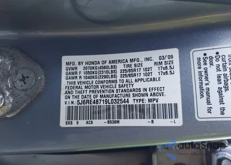 2009 Honda Cr-V Ex-L from USA, damaged, VIN 5J6RE48719L032544
